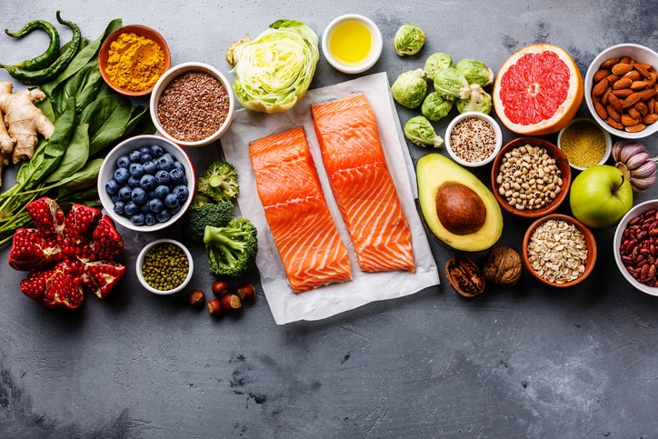 assortment of brain-healthy foods on table